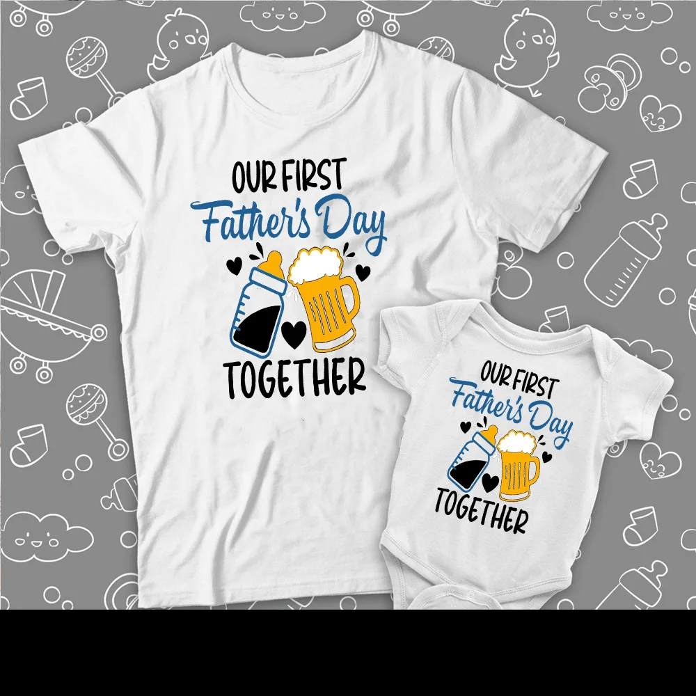 Dad and baby matching t-shirt and romper, 'First Father's Day' themed, perfect new dad gift