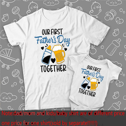 Infant 'First Father's Day' romper in grey with short sleeves and snap bottom for baby