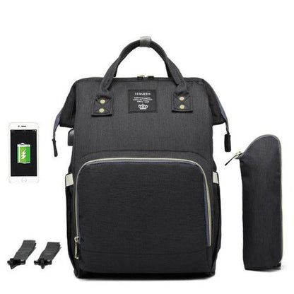 Side view of Fit-All diaper backpack, showcasing insulated bottle pockets