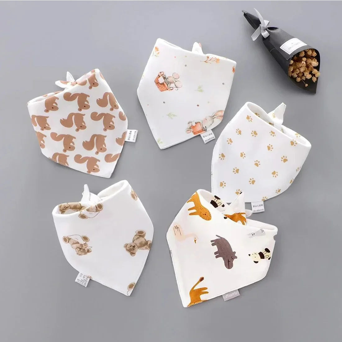 Set of 5 colorful cartoon baby bibs in cotton, multi-design pack for toddlers and newborns