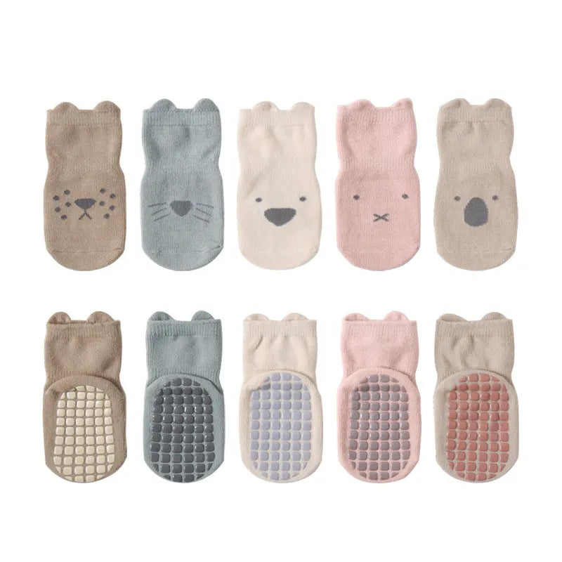 Five pairs of colorful anti-slip cartoon baby socks for toddlers, unisex cotton blend