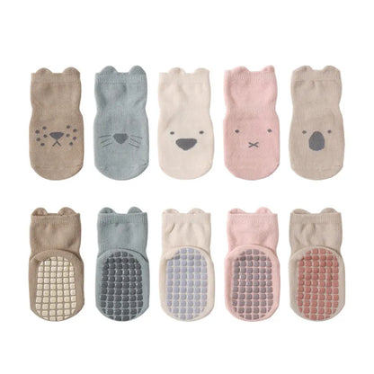 Five pairs of colorful anti-slip cartoon baby socks for toddlers, unisex cotton blend