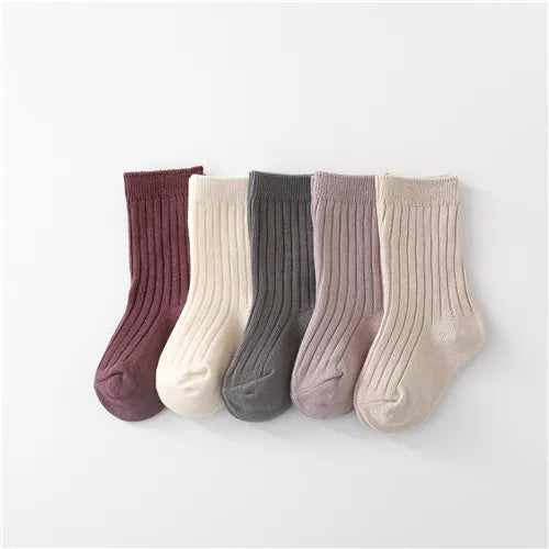 Unisex cotton blend socks for kids, five pairs in various colors, perfect for toddlers.
