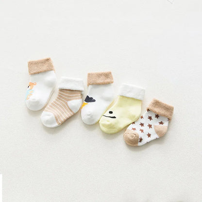 Isolated image of a single blue unisex baby cotton cartoon thick sock, gentle for infants.