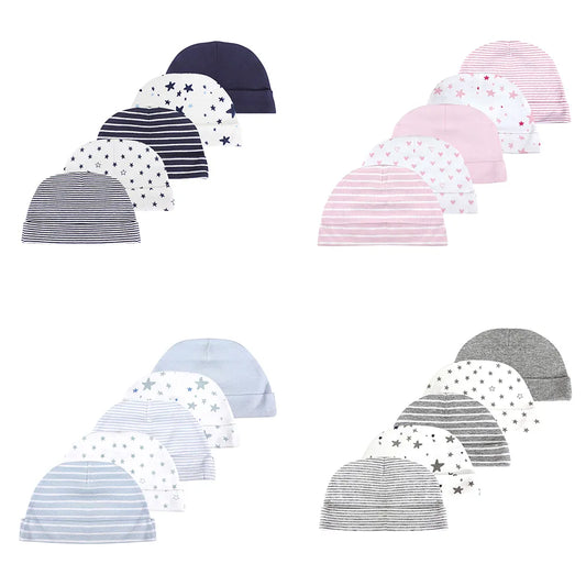 Five soft cotton baby hats in assorted colors, perfect for newborns 0-6 months, ideal as a baby gift.