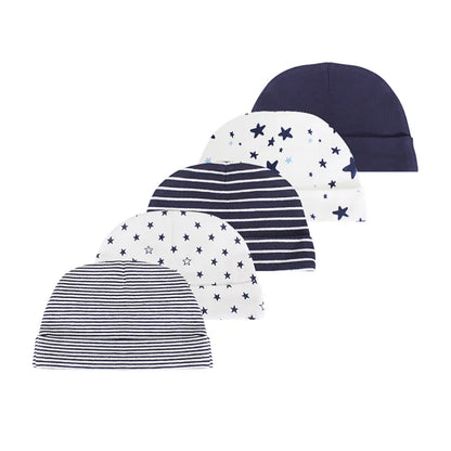 Close-up of a cozy, breathable cotton baby hat, part of a 5-pack for newborns 0-6M.