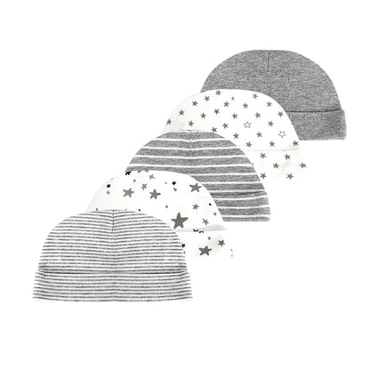 Assortment of five unisex baby cotton hats, 0-6M, featuring gentle fabric for infant headwear.
