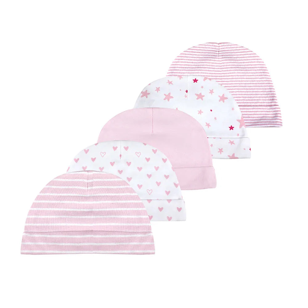 Five-pack of versatile cotton baby hats, 0-6M, suitable for daily wear and as newborn accessories.