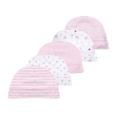 Five-pack of versatile cotton baby hats, 0-6M, suitable for daily wear and as newborn accessories.