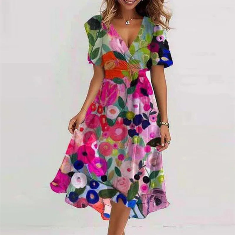 Blue women's A-line midi dress with a flattering V-neck and short sleeves. A versatile and elegant summer or party outfit.