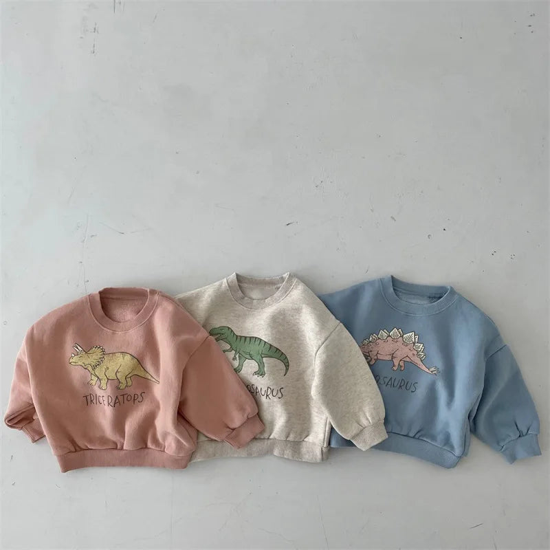 Fleece-lined kids' dinosaur print sweatshirt, soft cotton for winter warmth, unisex toddler fashion