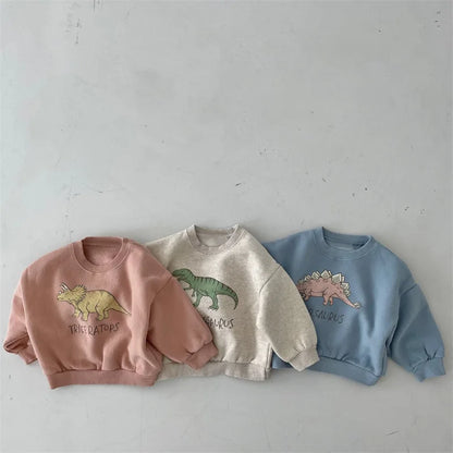 Fleece-lined kids' dinosaur print sweatshirt, soft cotton for winter warmth, unisex toddler fashion