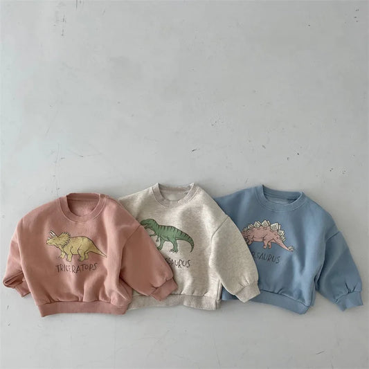 Fleece-lined kids' dinosaur print sweatshirt, soft cotton for winter warmth, unisex toddler fashion