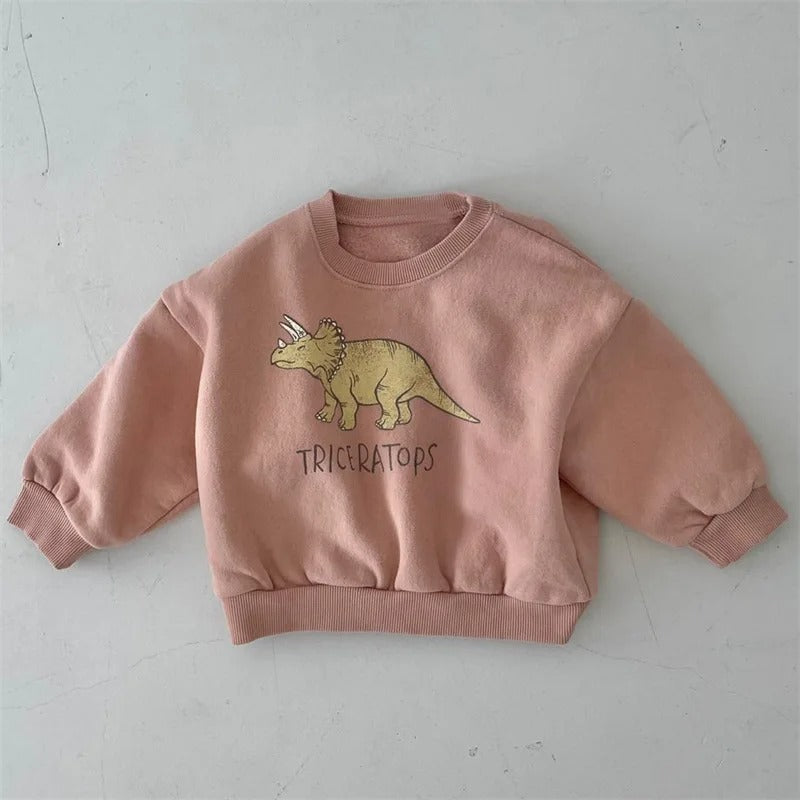 Toddler dinosaur sweater in blue, cozy fleece lining, perfect play clothes for winter wear