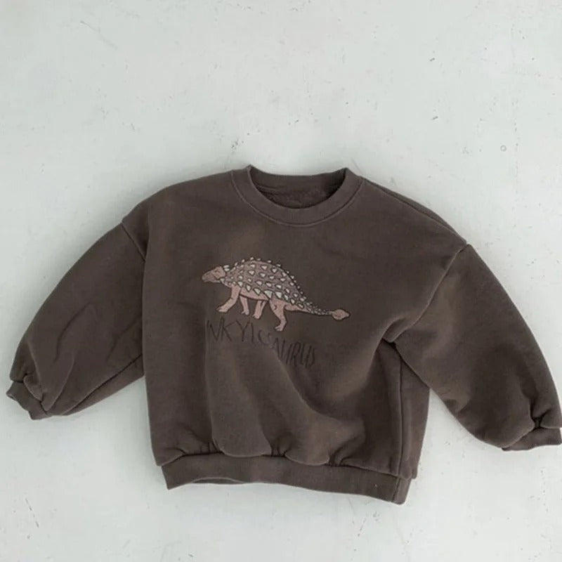 Close-up of kids' dinosaur print on a fleece-lined cotton sweatshirt, ideal for play