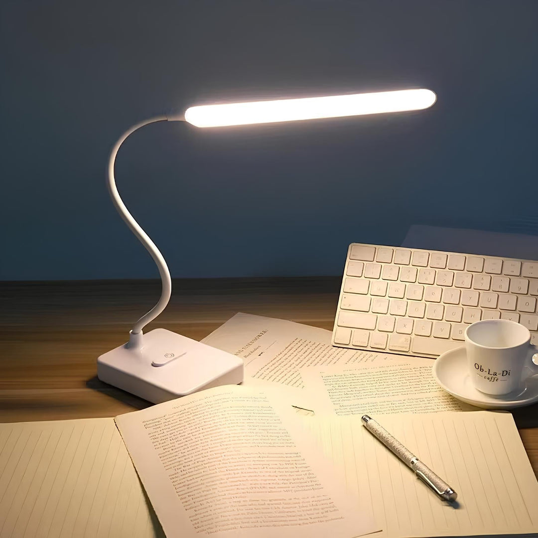 Modern flexible LED desk lamp, ideal for focused reading, bright office lighting, or student tasks.