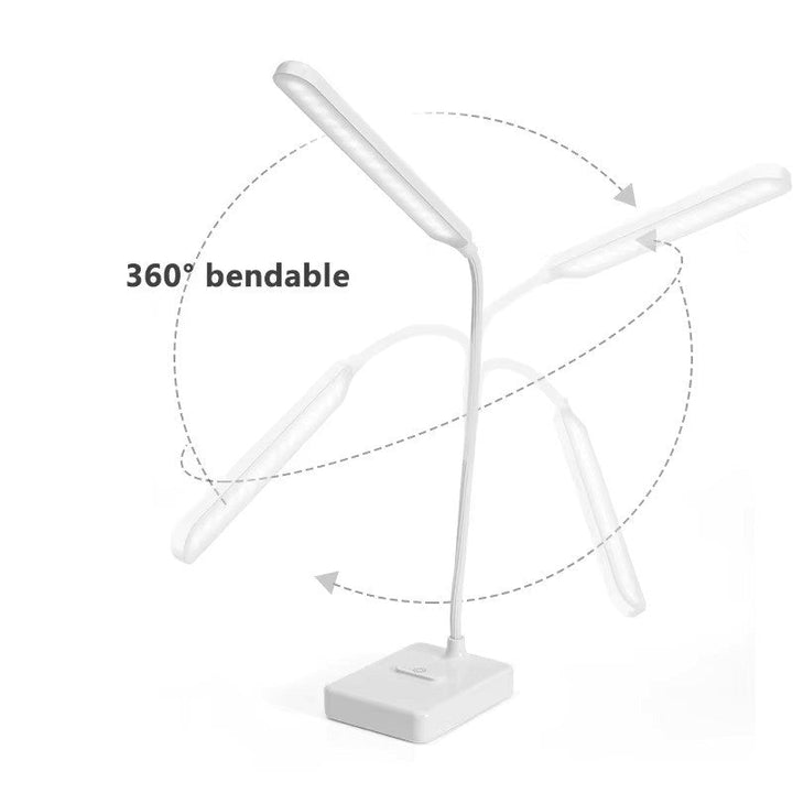 Compact & modern flexible LED desk lamp, great for small desks, dorms, or bedside reading light.