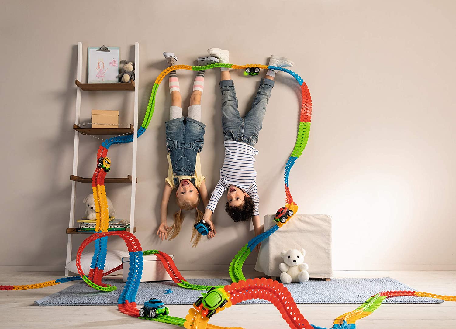 Educational toy flexible race track set with a green toy car, hours of building fun for kids