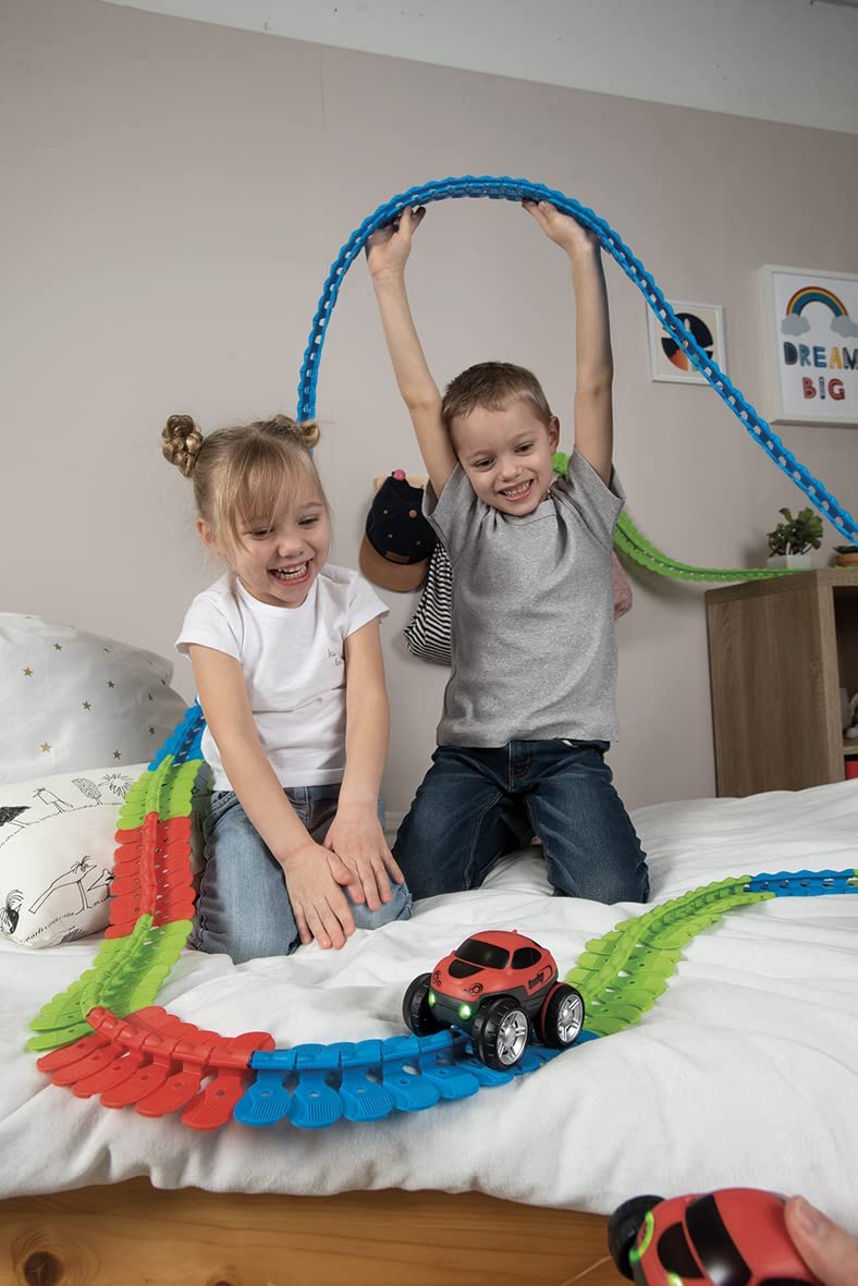 Flexible race track pieces assembled with a toy car, encourages creative play & motor skills