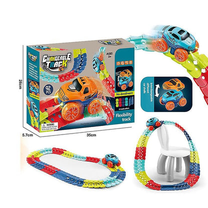 Race track toy with flexible pieces and a toy car, promotes creative play in kids