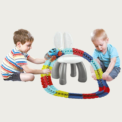 Flexible building toy race track for children, includes a bright toy car for endless fun