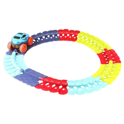 Kids race track kit with flexible sections and a yellow toy car, excellent educational toy