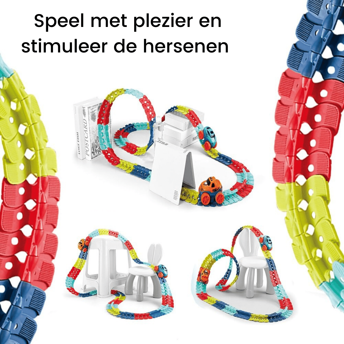 Colorful flexible race track with a toy car, a perfect children's gift and construction toy