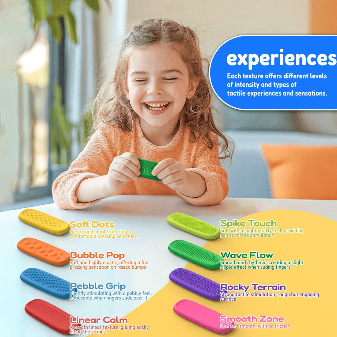 Calming silicone sensory strip held by fingers, highlighting its textured surface for stress relief.