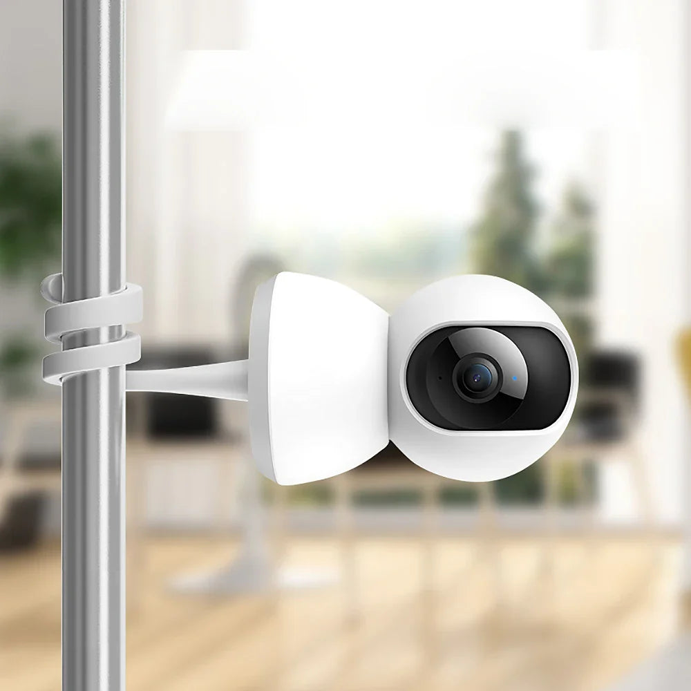 Flexible camera mount for baby safety, adaptable to cribs, shelves or walls.