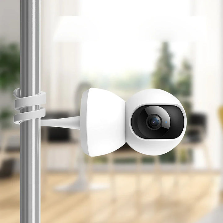 Flexible camera mount for baby safety, adaptable to cribs, shelves or walls.