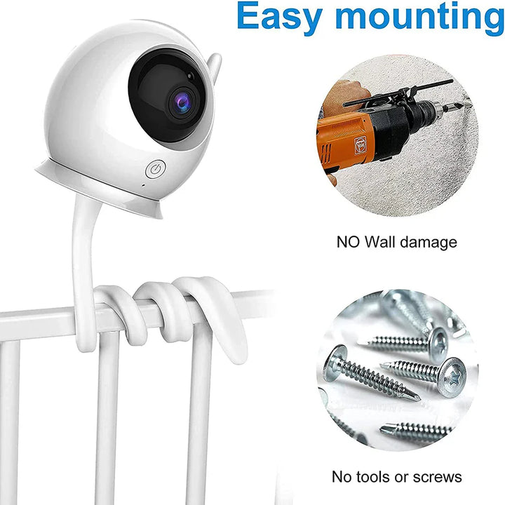 White flexible mount holding a baby monitor, ensuring optimal view of baby's crib.