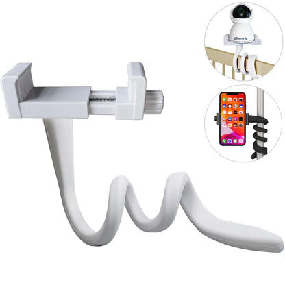 Flexible universal baby monitor holder easily attaches to crib for safe nursery viewing.