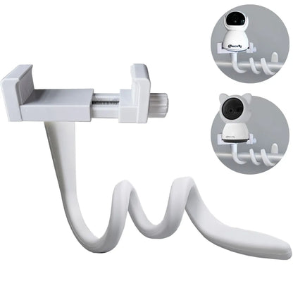 Universal baby monitor mount with a flexible snake-like arm for versatile positioning.