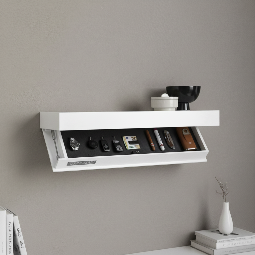 FloatBox floating wall shelf with hidden storage. Modern, space-saving decor for home organization.