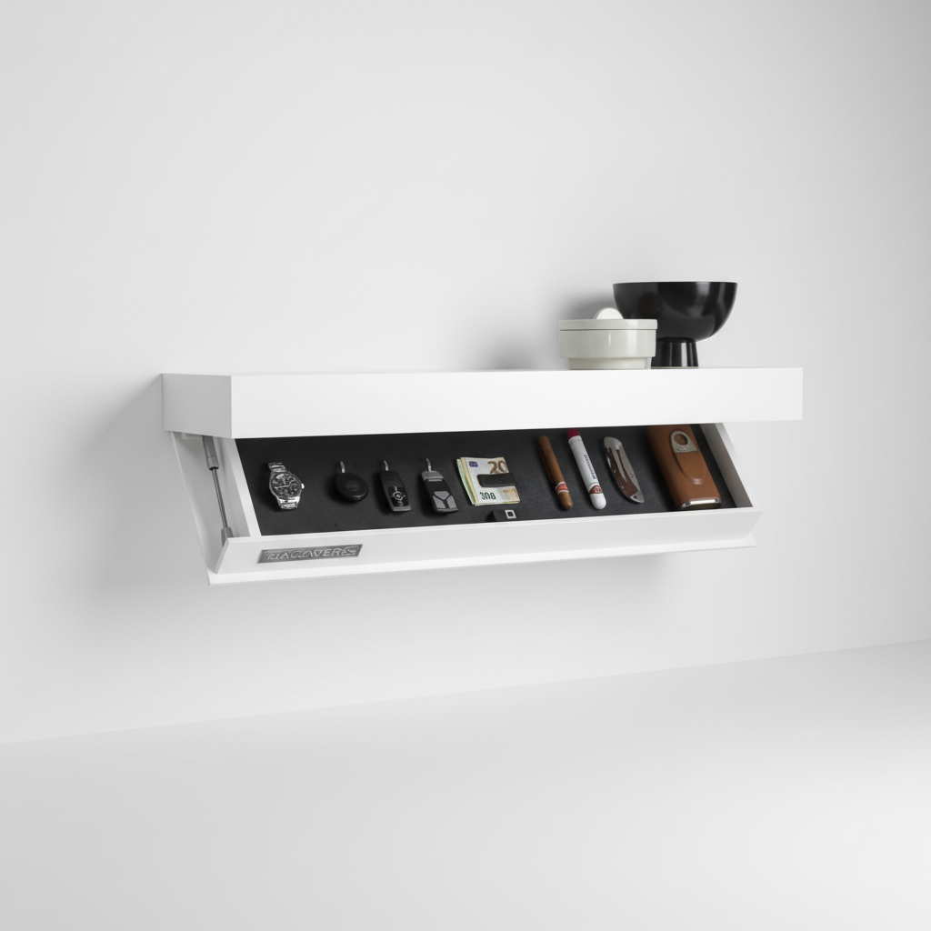 White FloatBox floating wood shelf with hidden storage. Ideal for entryway organization & modern decor.