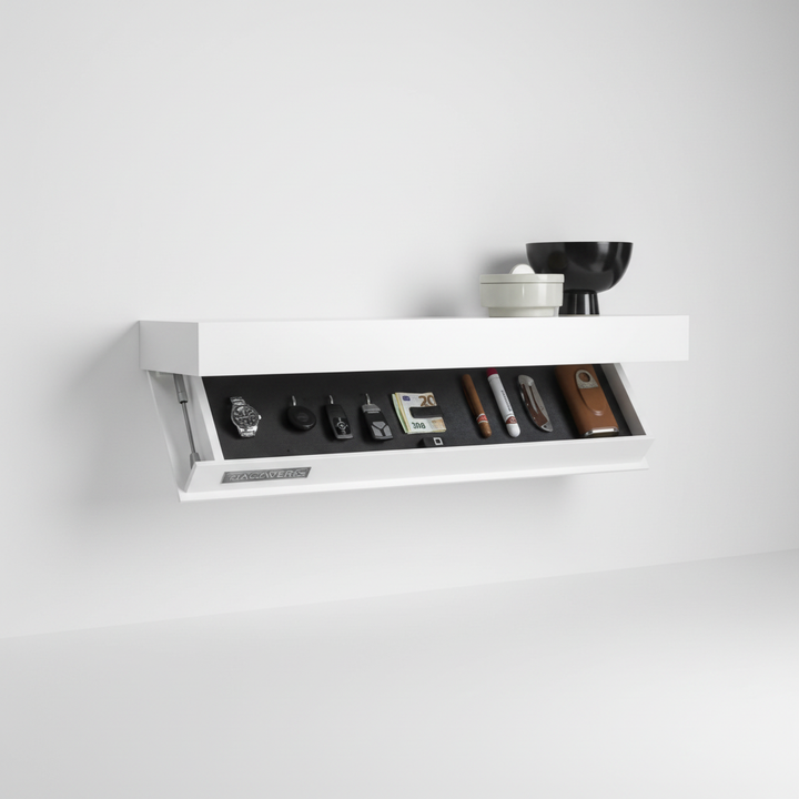 White FloatBox floating wood shelf with hidden storage. Ideal for entryway organization & modern decor.