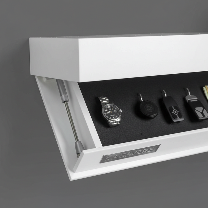 Black FloatBox floating wall shelf with hidden compartment. Sleek design for living room or kitchen storage.