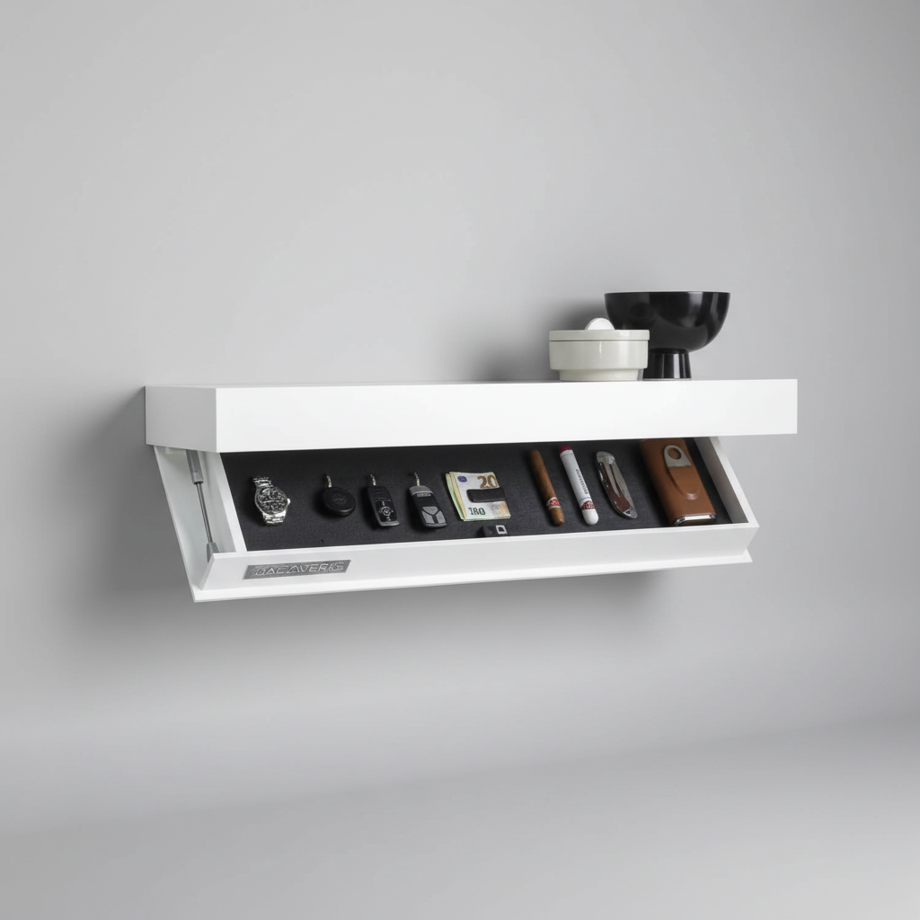 Space-saving FloatBox floating wall shelf with hidden storage. Declutter entryways, kitchens, or living rooms.