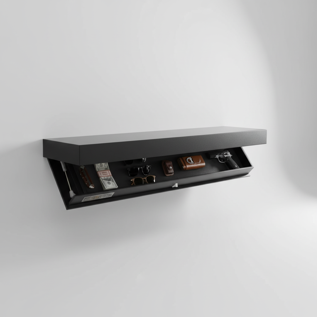 Modern FloatBox wall shelf featuring clever hidden storage. Enhance decor & organize discreetly.