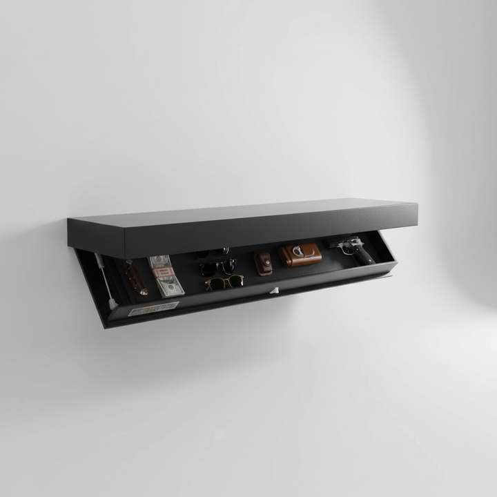 Modern FloatBox wall shelf featuring clever hidden storage. Enhance decor & organize discreetly.