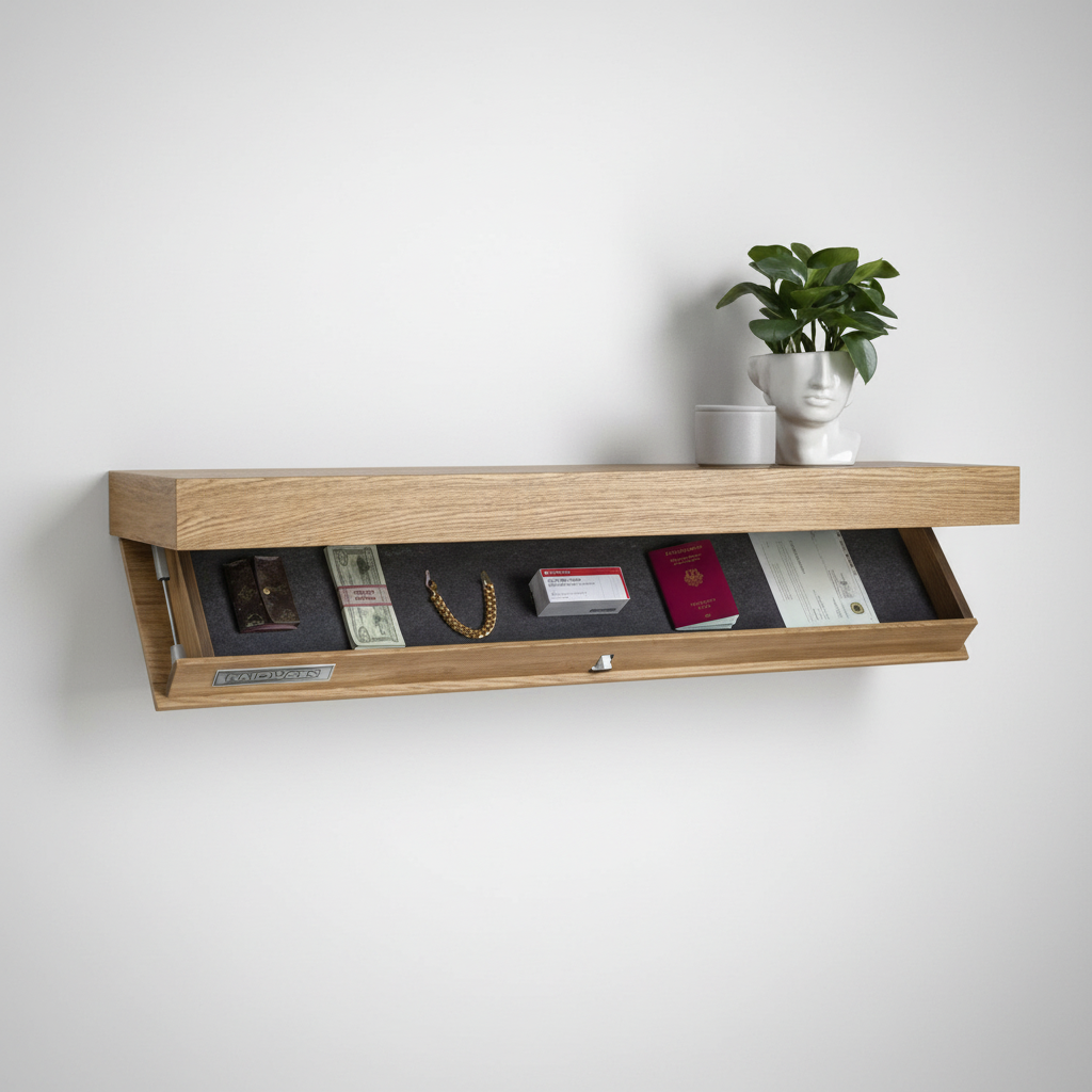 Elegant FloatBox floating shelf, wood finish, with secret storage. Practical for home organization & stylish decor.