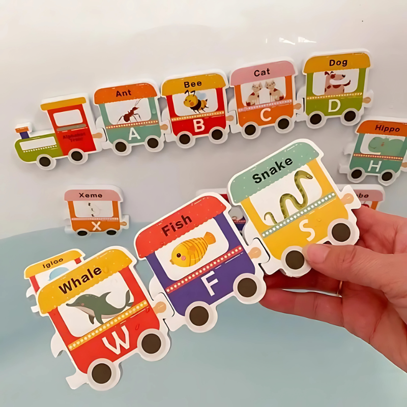 Floating alphabet train bath toy set for toddlers with colorful foam letters A-Z, perfect for educational water play