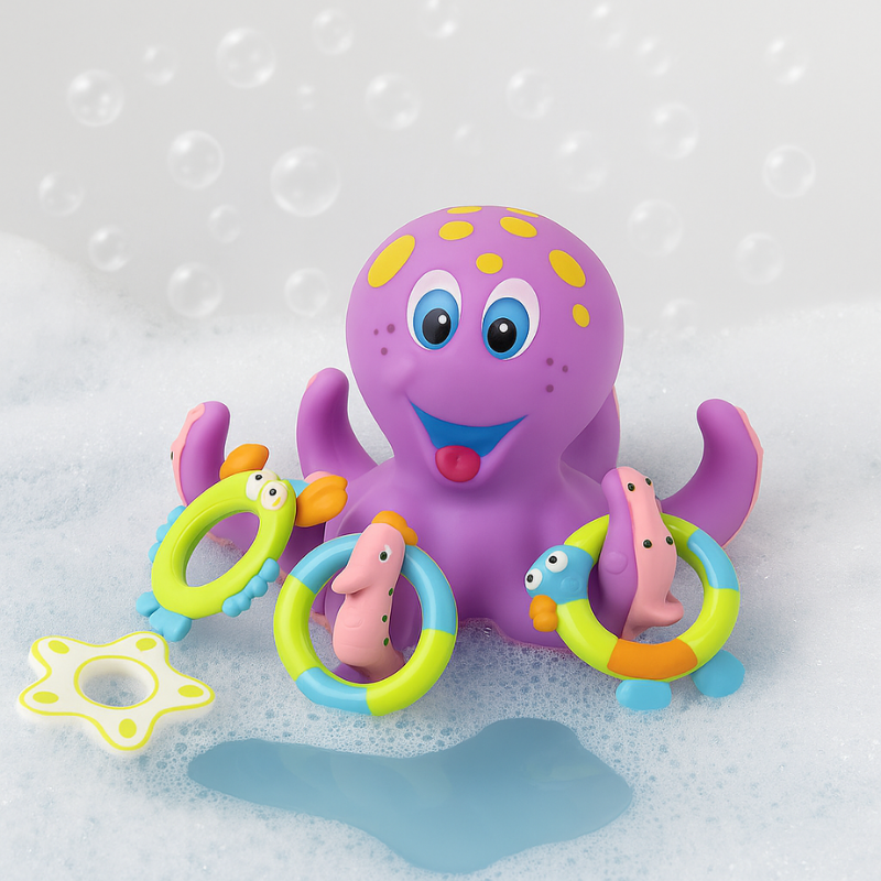 Floating octopus ring toss bath toy with colorful rings for toddlers, enhancing motor skills