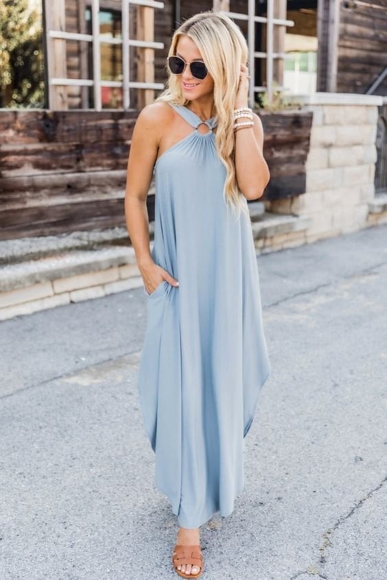 Comfortable women's halter neck maxi dress featuring a stylish ring detail, ideal for casual summer days.