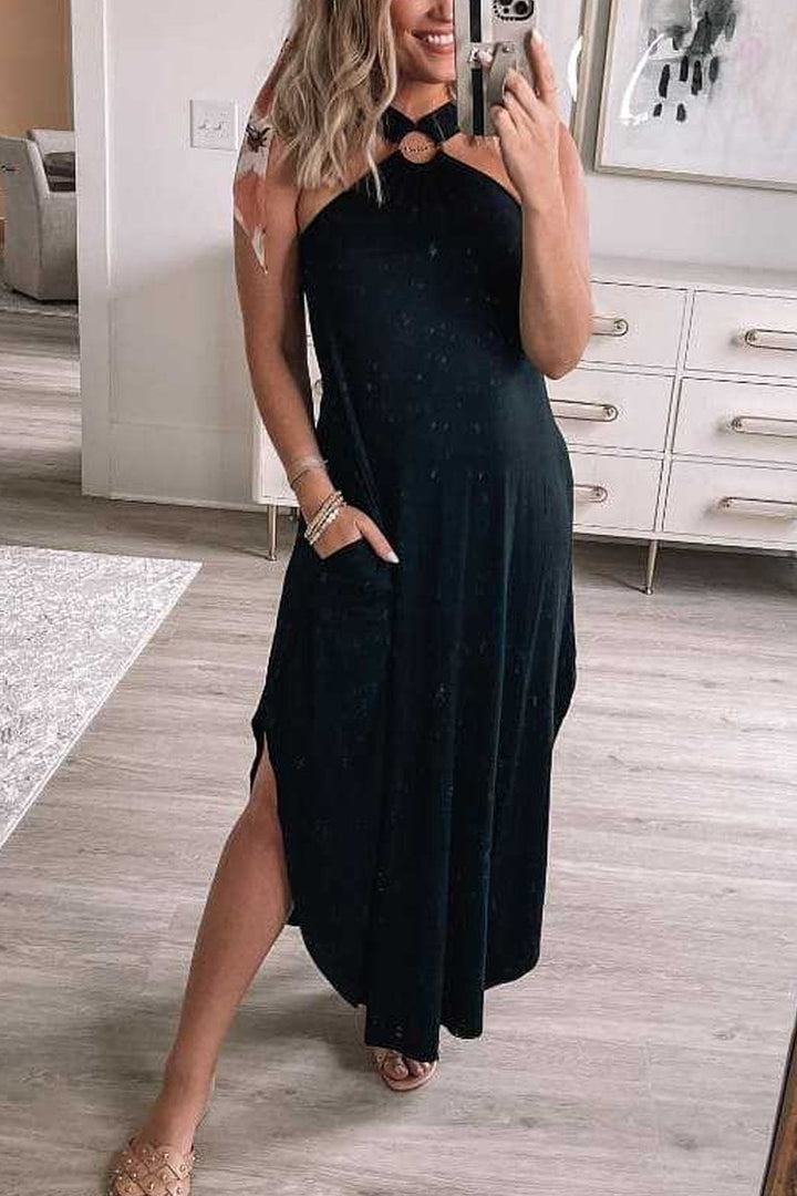 Versatile women's halter maxi dress, flowy fabric, elegant ring detail, perfect for resort or everyday casual.