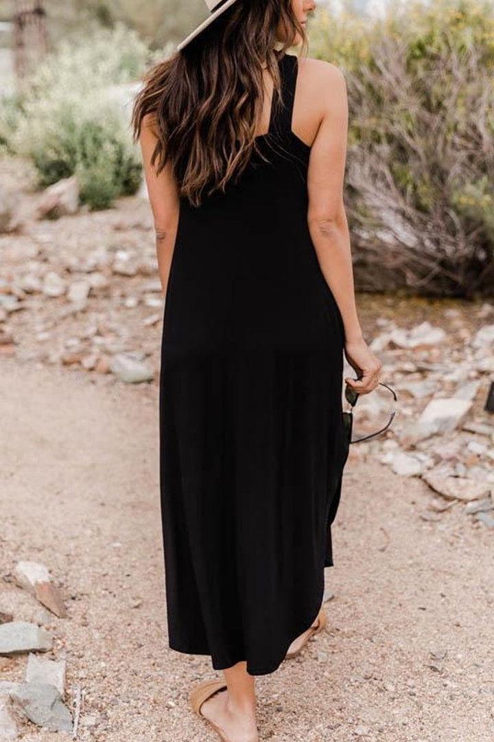 Stylish women's beach maxi dress, halter design with a decorative ring, ideal for sunny summer outings.
