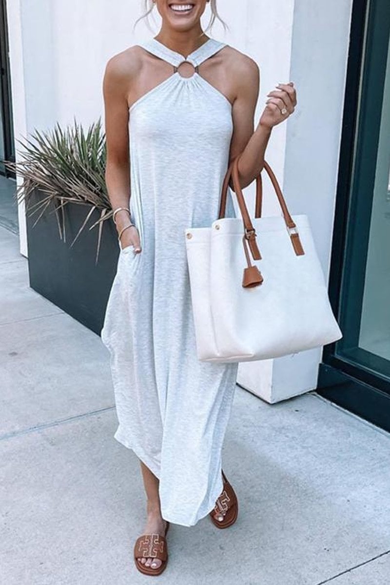 Women's comfortable flowy halter maxi dress, perfect for summer, with a chic ring detail.