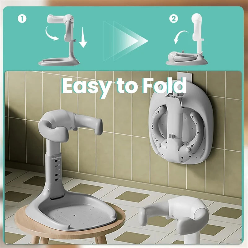 Space-saving foldable baby bath support for toddlers, essential adjustable white bathing stand