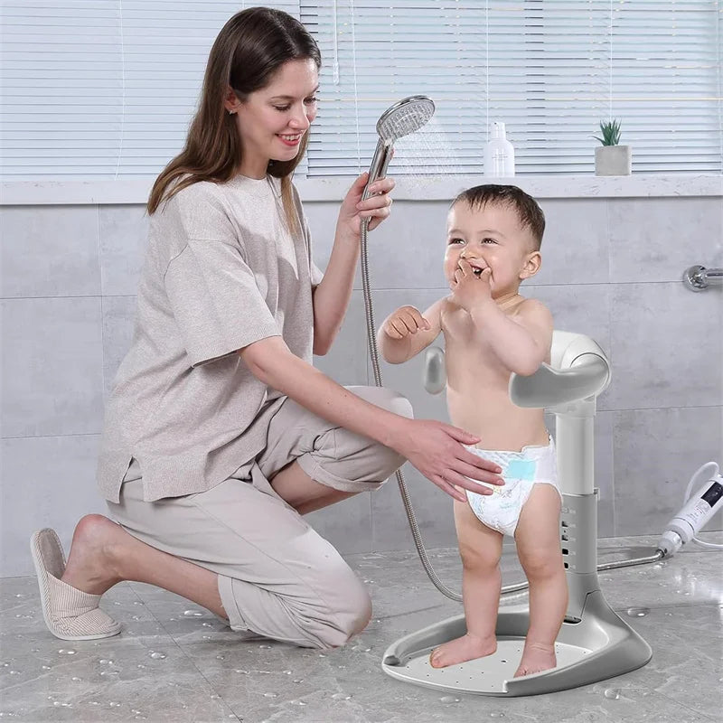 White anti-slip adjustable baby bath support stand, foldable for easy storage and baby care