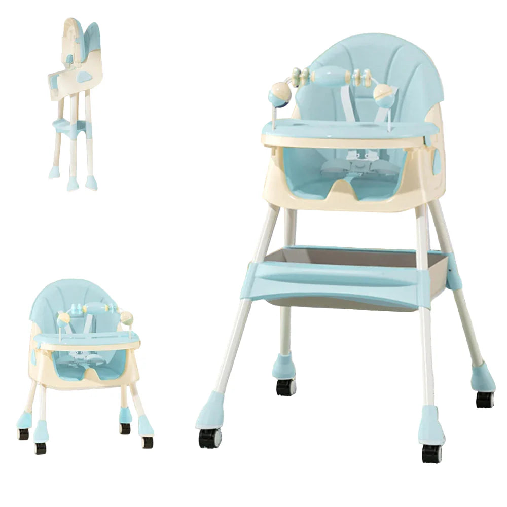 High chair with storage and double tray system, designed for infant and toddler feeding comfort